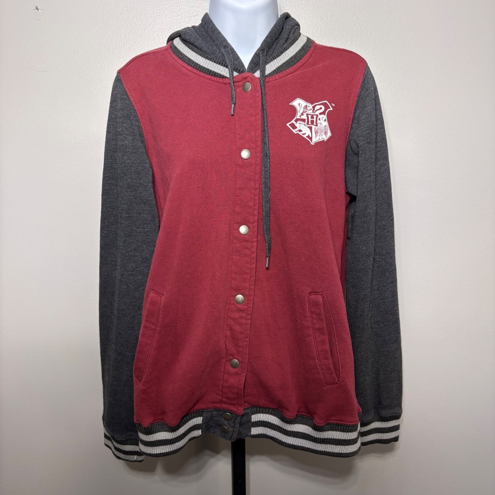 Harry Potter Hogwarts Varsity Hooded Jacket Burgundy Grey Snap Front Womens L‎